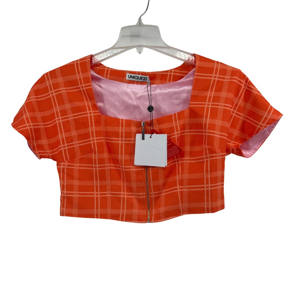 NWT UNIQUE21 Orange Plaid Square Neck Zip Front Crop‎ Top Short Sleeve Women's 6